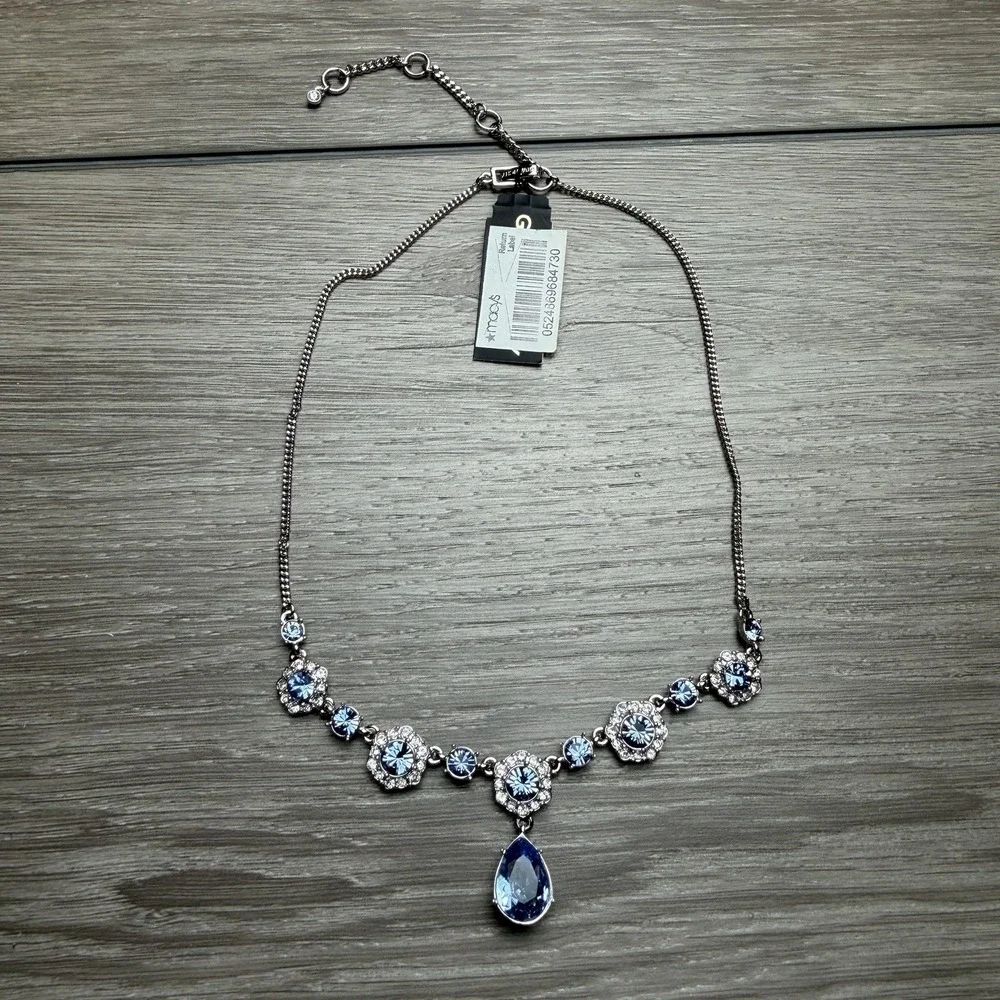 Givenchy Silver Tone Blue Crystal Floral Teardrop Statement Necklace New